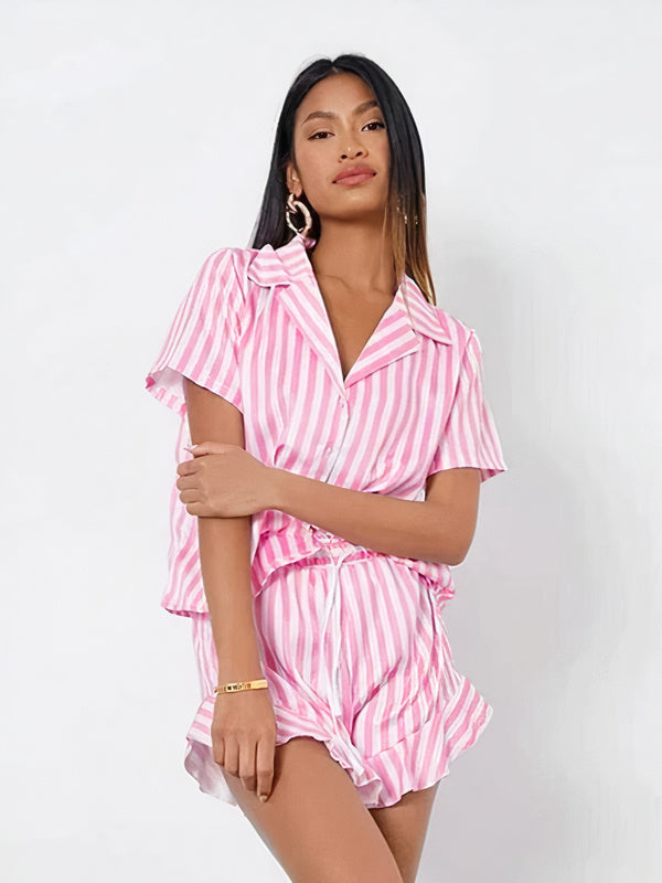 Pyjama deux pièces en Satin Chemise et Short pour Femme à Rayures Rose | Signature