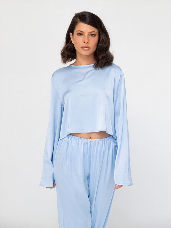 Top de pyjama manches longues côtelé doux Bleu Ciel Signature