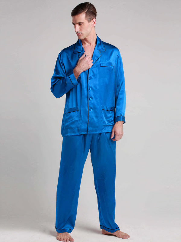 Pyjama en Soie pour Homme | Longue Bordure Contrastée Bleu Diamant