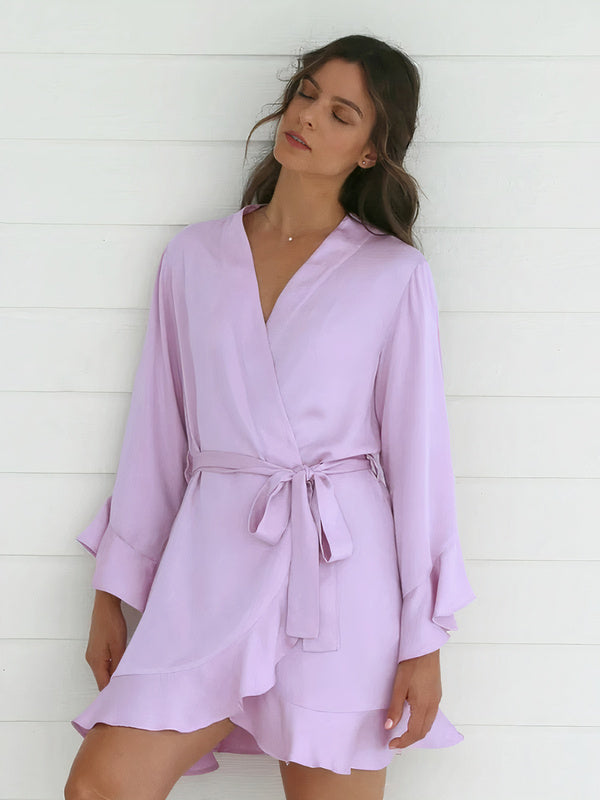 Robe de Chambre Femme à Volants en Satin Lavande |