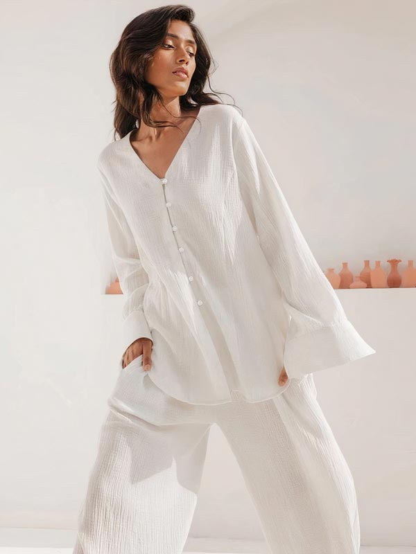Pyjama Pour Femme En Coton Blanc Sillage de Lys | Prestige