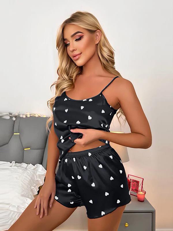 Pyjama Short en Satin Noir à Cœur Blanc pour Femme | Cœur de Nuit