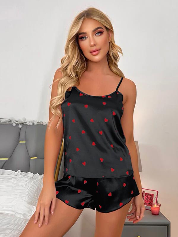 Pyjama Satin Noir à Cœur Rouge pour Femme | Étreinte de Rêve