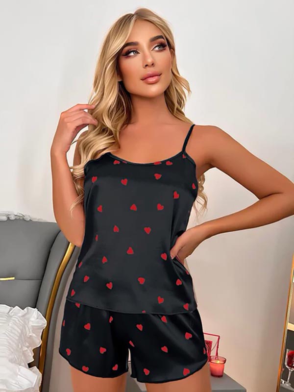 Pyjama Satin Noir à Cœur Rouge pour Femme | Étreinte de Rêve