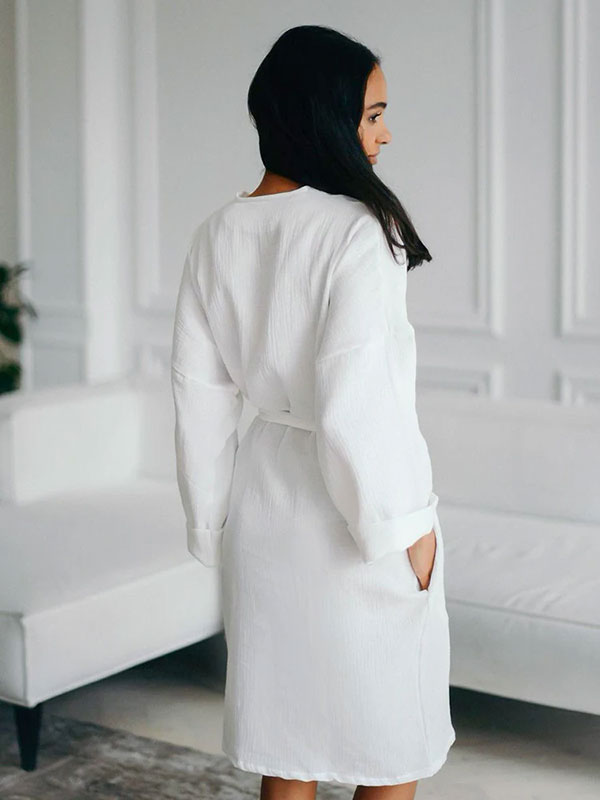 Robe de Chambre Femme mi-Longue en Coton Blanc | Nid Douillet