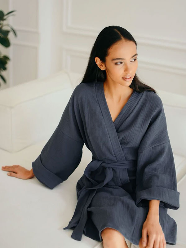 Nid Douillet Robe de Chambre Femme mi-Longue en Coton Bleu Pétrole