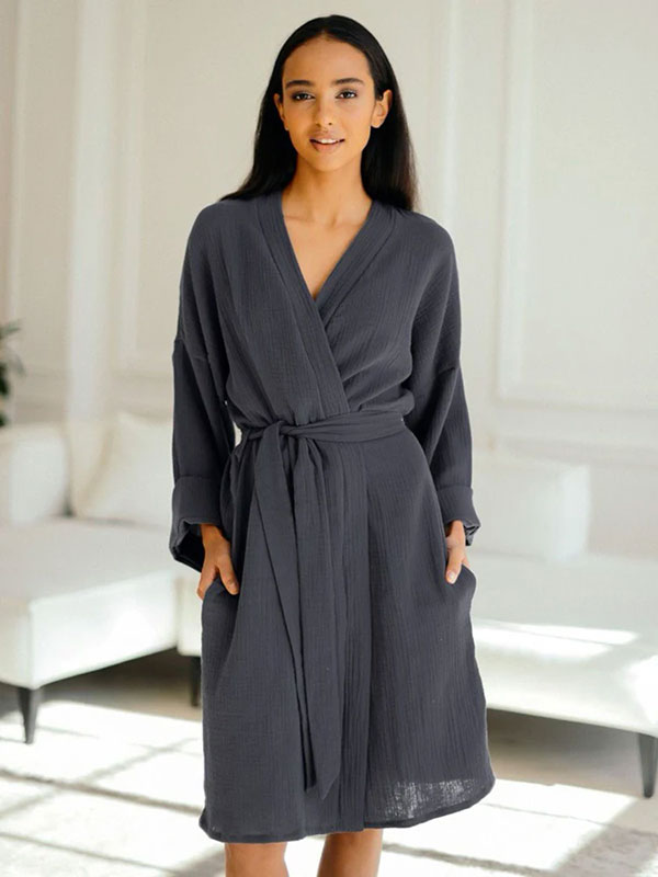 Nid Douillet Robe de Chambre Femme mi-Longue en Coton Bleu Pétrole