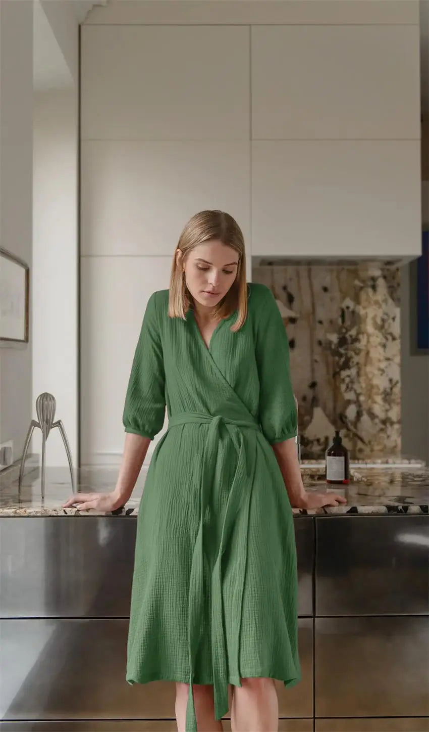 Robe de Chambre Verte en coton pour Femme | Flocon de Douceur