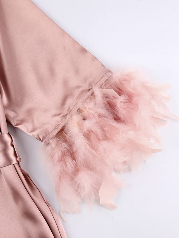 Robe de Chambre Élégante à Plumes Rose Champagne Flocon de Satin Signature