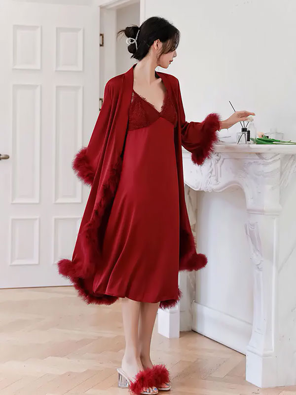 Robe de Chambre Élégante à Fourrures | Éveil de Satin