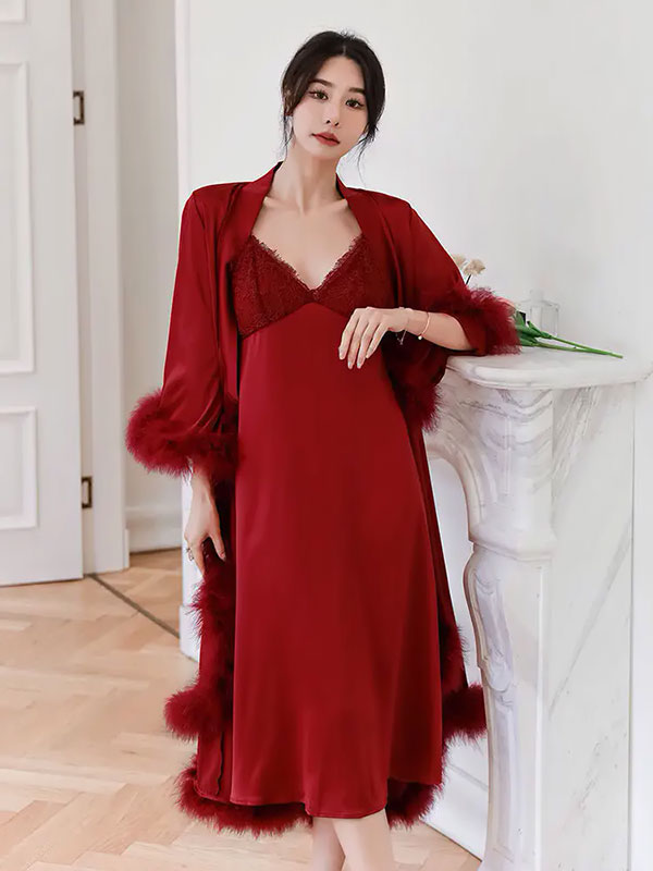 Robe de Chambre Élégante à Fourrures | Éveil de Satin