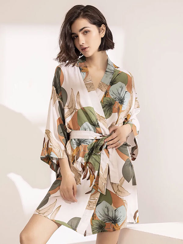 Paradis Palmier | Robe de Chambre en Satin pour Femme