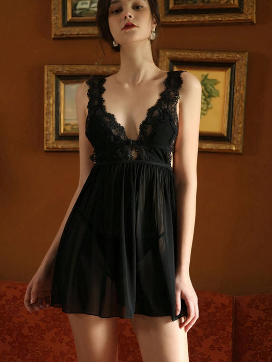 Nuisette en Satin Dentelle Transparente pour Femme Noir Signature