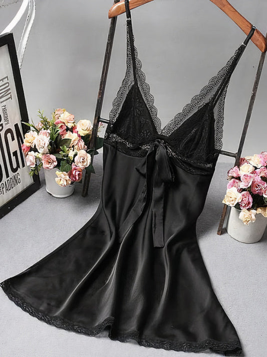 Nuisette Satinée avec nœud pour Femme Noir