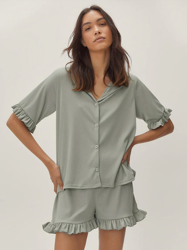 Pyjama Côtelé Chemise & Short À Détails Volantés | Signature