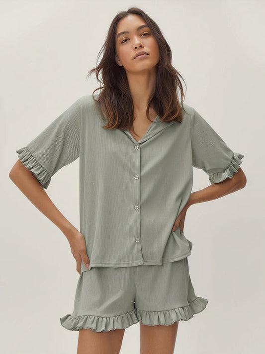 Pyjama Côtelé Chemise & Short À Détails Volantés | Signature