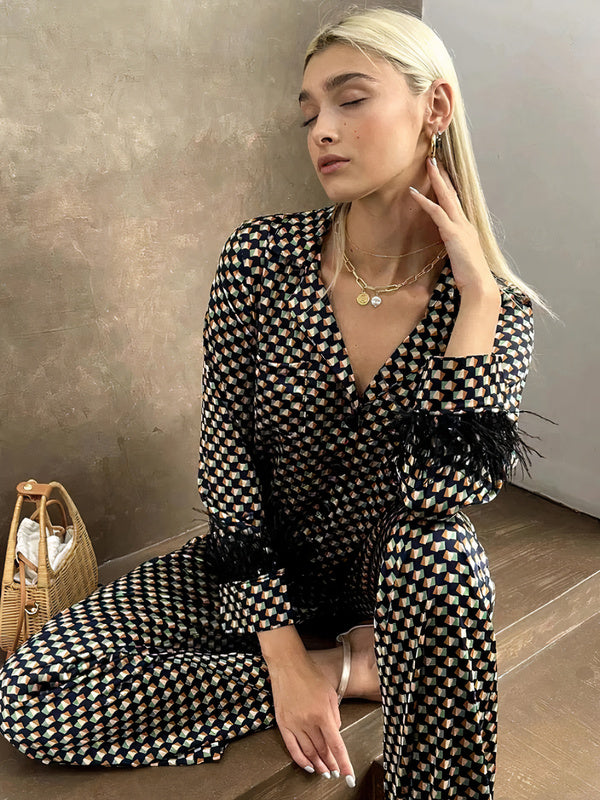 Ensemble de Pyjama à Imprimé Pois Noir Satiné Signature