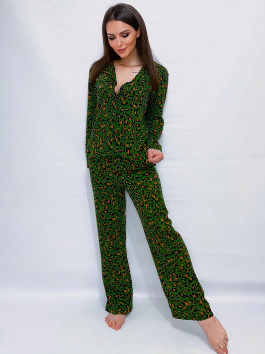 Pyjama en Satin pour Femme Vert imprimé Léopard Signature