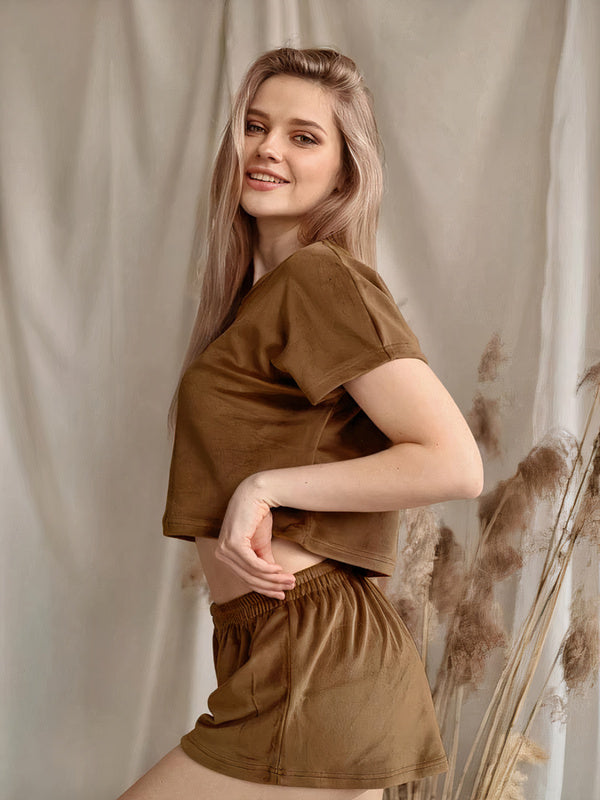 Pyjama deux pièces en Satin Signature T-shirt et Short Marron