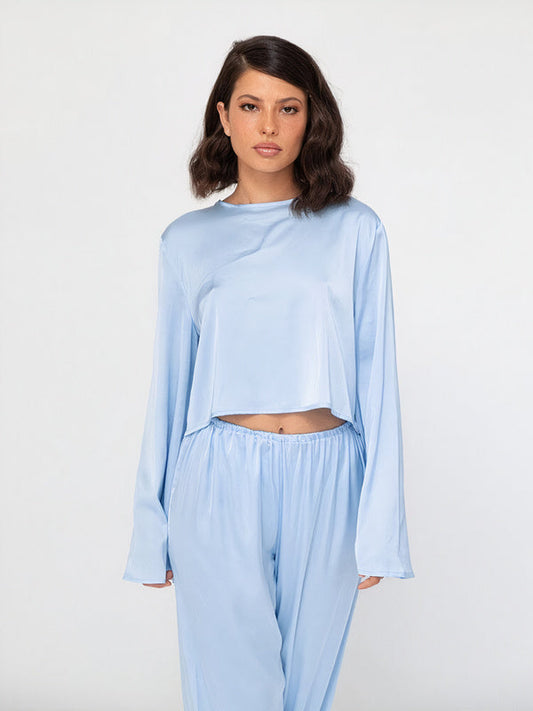 Top de pyjama manches longues côtelé doux Bleu Ciel Signature