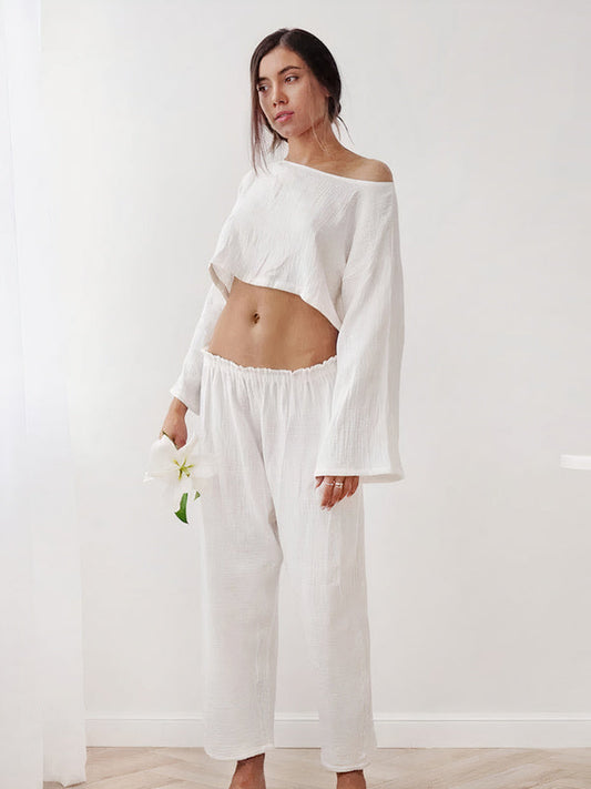 Pyjama pour femme deux pièces | Crop top manches longues et Pantalon | Blanc