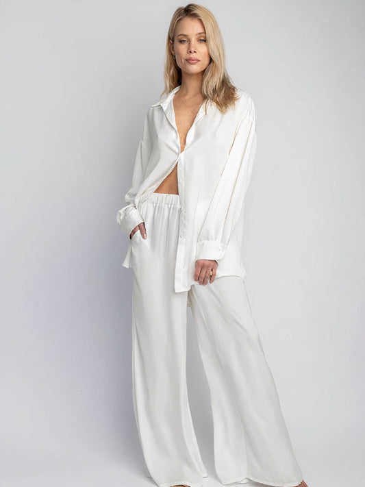 Pyjama Chemise et Pantalon en Satin Côtelé Blanc Signature