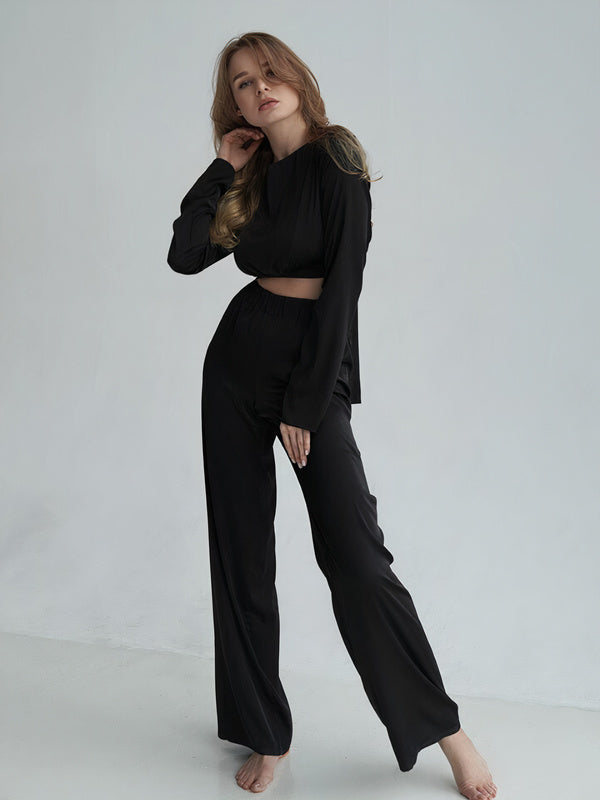 Noir Couture Pyjama Côtelé Crop Top à Manches Longues & Pantalon Large