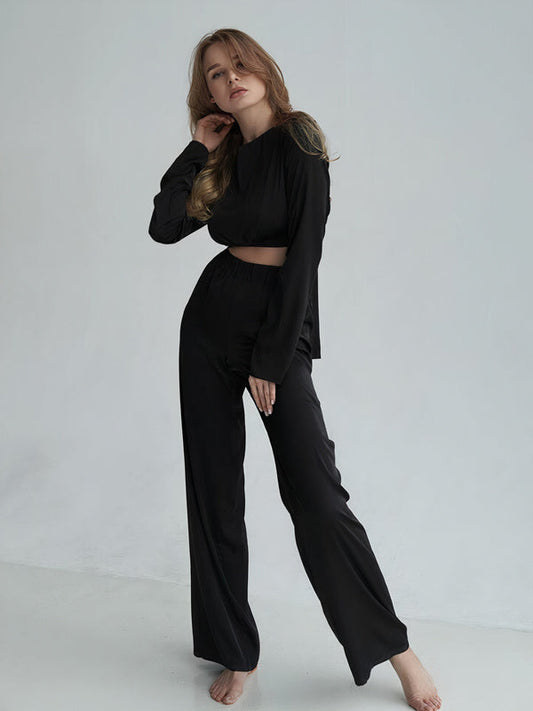 Noir Couture Pyjama Côtelé Crop Top à Manches Longues & Pantalon Large