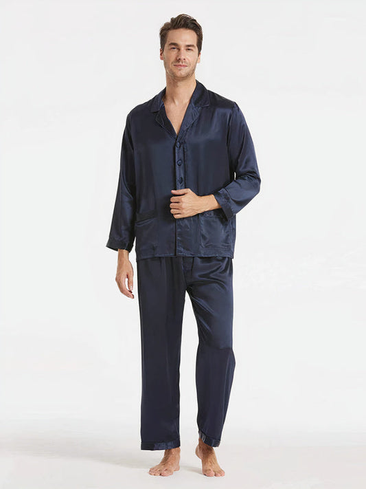 Suite de Pyjama Longue en Soie Classique pour Homme Bleu Marine