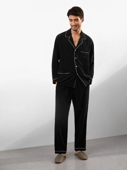 Pyjama en Soie Signature avec Col à Revers pour Homme Noir