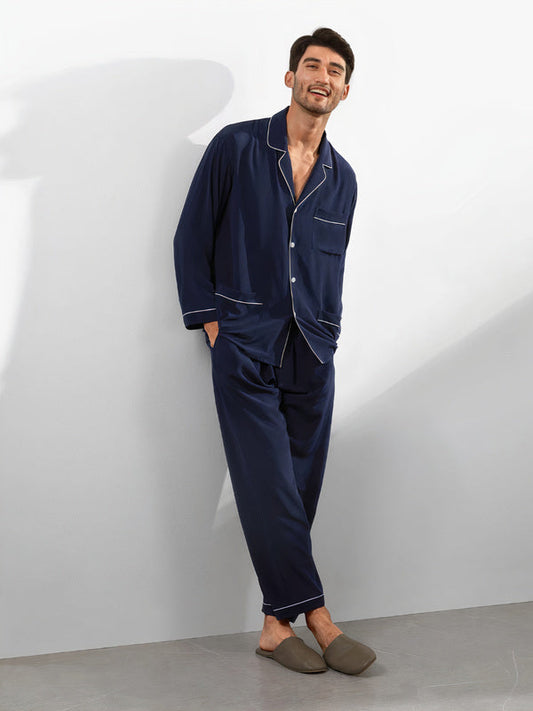 Pyjama En Soie Avec Col À Revers pour Homme Bleu Marine Premium