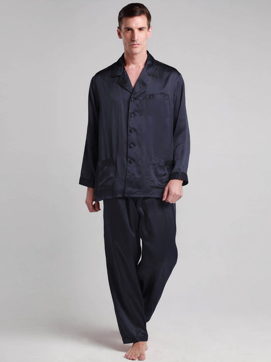 Pyjama en Soie pour Homme à Bordure Longue Contraste Bleu Marine