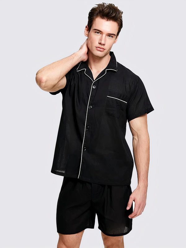 Pyjama en Col à Revers Chemise et Short pour Homme Noir Signature