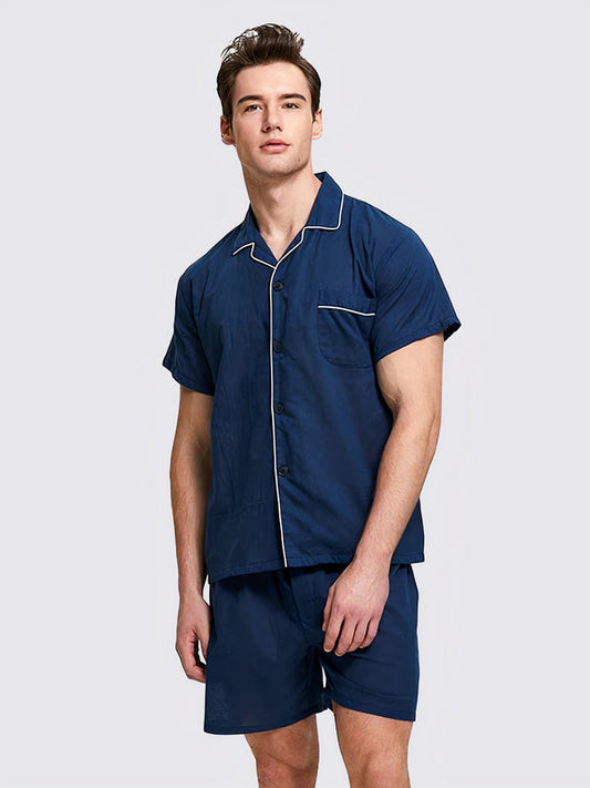 Pyjama Col à Revers Chemise et Short pour Homme Bleu Marine
