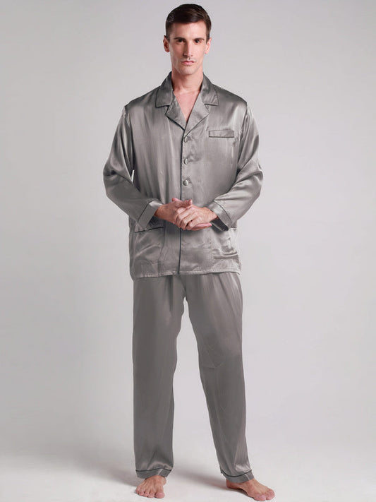 Pyjama en Soie pour Homme Longue Bordure Contraste Gris Signature