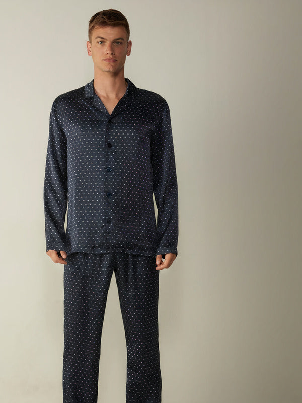 Pyjama en Satin Imprimé Lys pour Homme Bleu Marine Signature