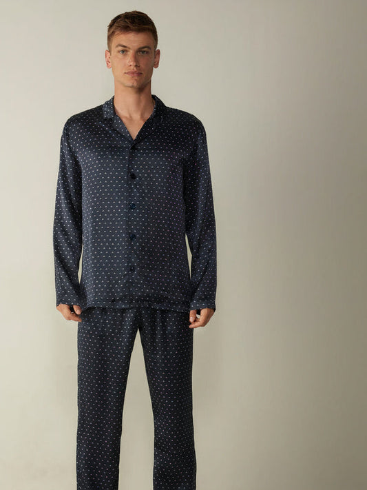 Pyjama en Satin Imprimé Lys pour Homme Bleu Marine Signature