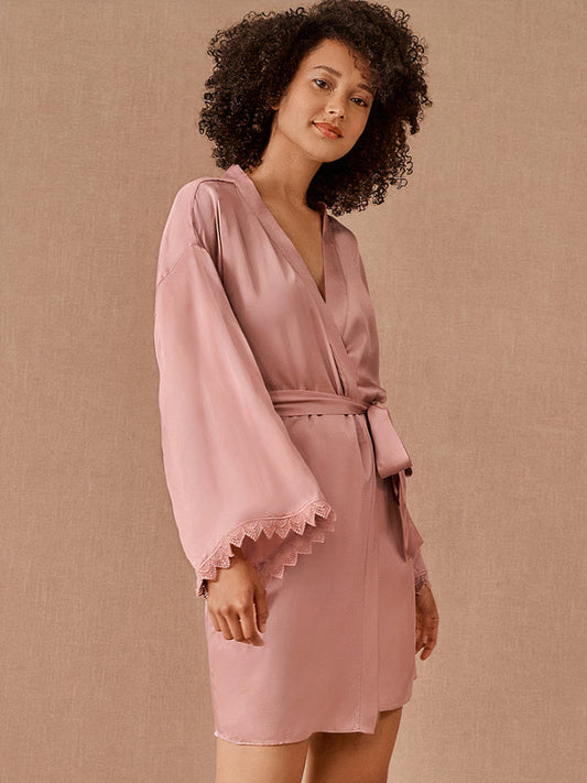 Robe de Chambre Manches Amples en Satin pour Femme Kimono Rose | 