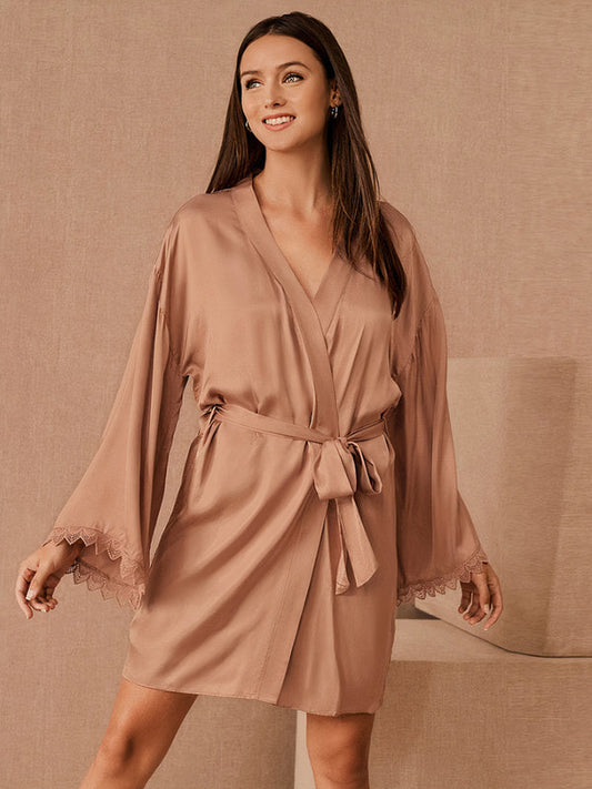 Robe de Chambre Manches Amples en Satin pour Femme Kimono Champagne | Signature