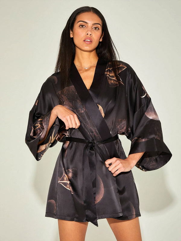 Robe de Chambre en Satin pour Femme Floral Noir Signature