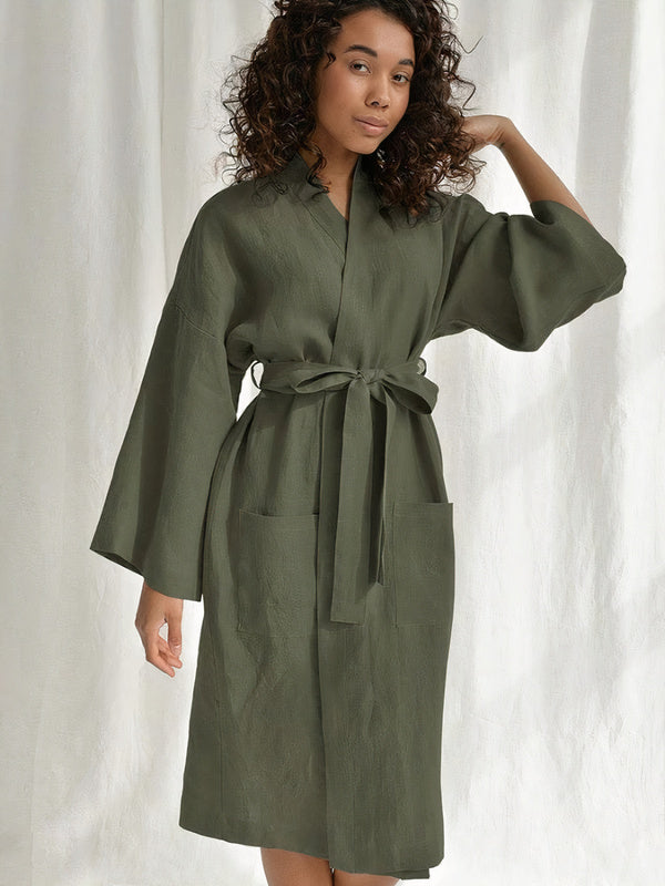Robe de Chambre Double Poches à Manches Amples en Coton pour Femme Khaki Signature
