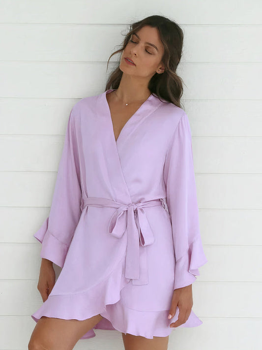 Robe de Chambre Femme à Volants en Satin Lavande | 