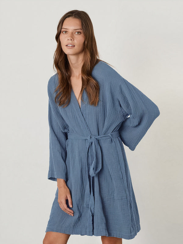 Robe de Chambre Femme Hiver en Coton Bleu Signature