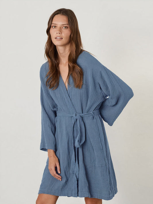 Robe de Chambre Femme Hiver en Coton Bleu Signature