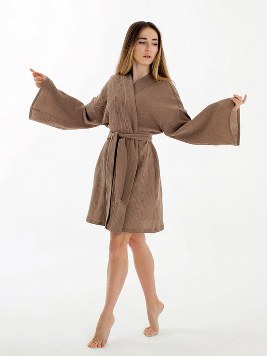 Robe de Chambre Femme Kimono Ceinturée Marron Signature