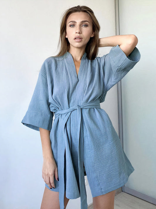 Robe de Chambre Femme en Coton Bleu Signature