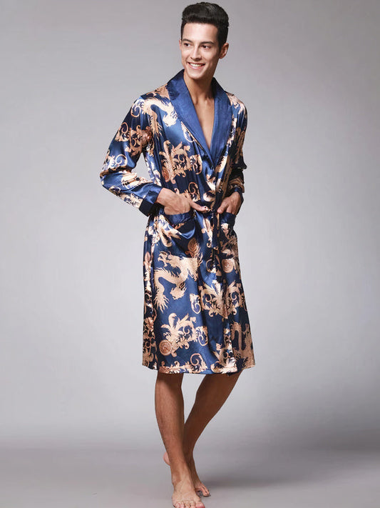 Robe de Chambre Satinée pour Homme Imprimé Dragon Bleu, Signature