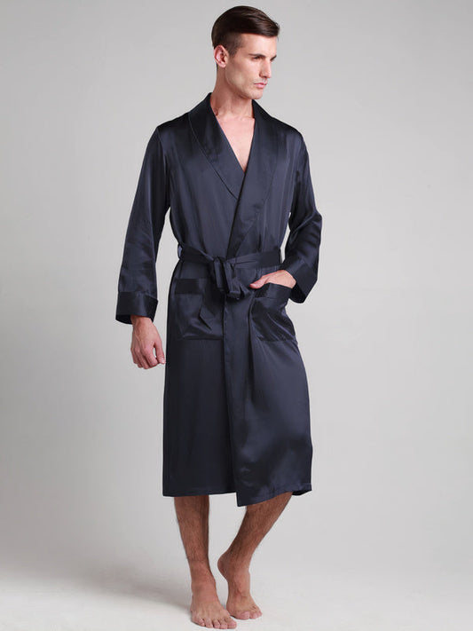 Robe de Chambre en Soie pour Homme Mi-Longue Classique Bleu Marine Prestige
