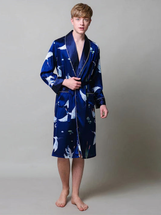 Robe de Chambre en Satin pour Homme Imprimé Cigogne Bleu Marine Signature
