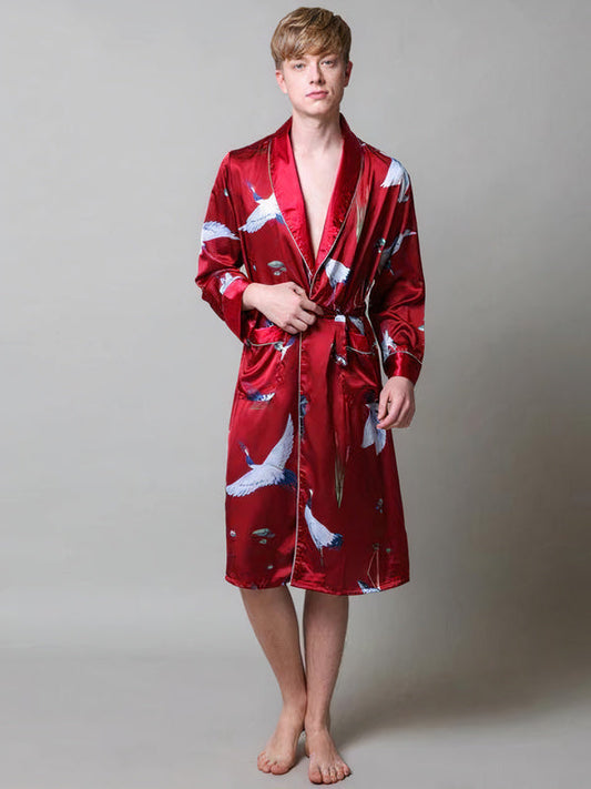 Robe de Chambre en Satin pour Homme Imprimé Cigogne Rouge | Signature